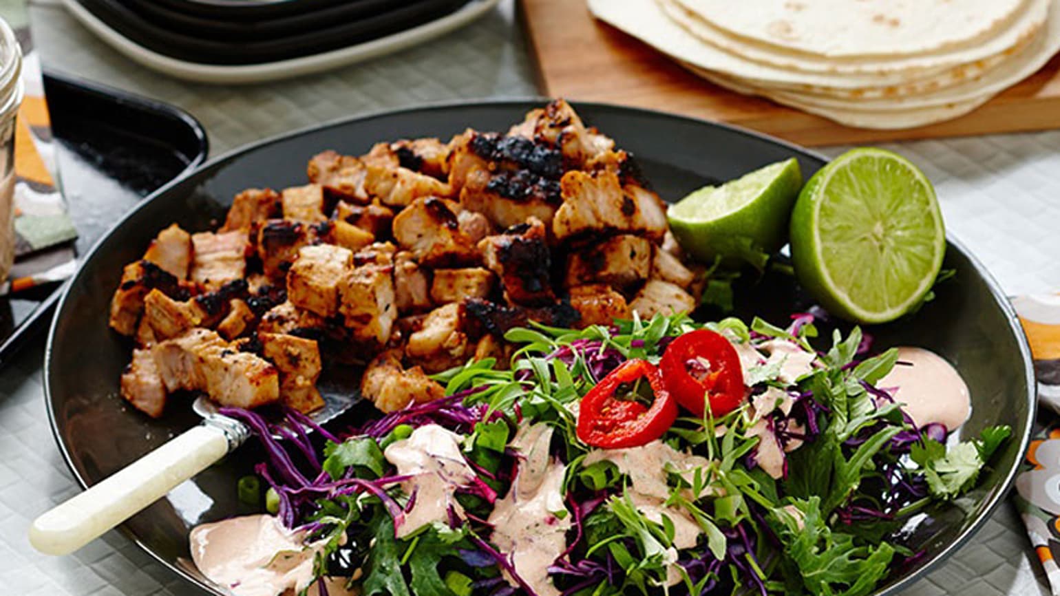 BBQ Pork Soft Tacos with Creamy Red Chili Dressing and Baby Kale Slaw